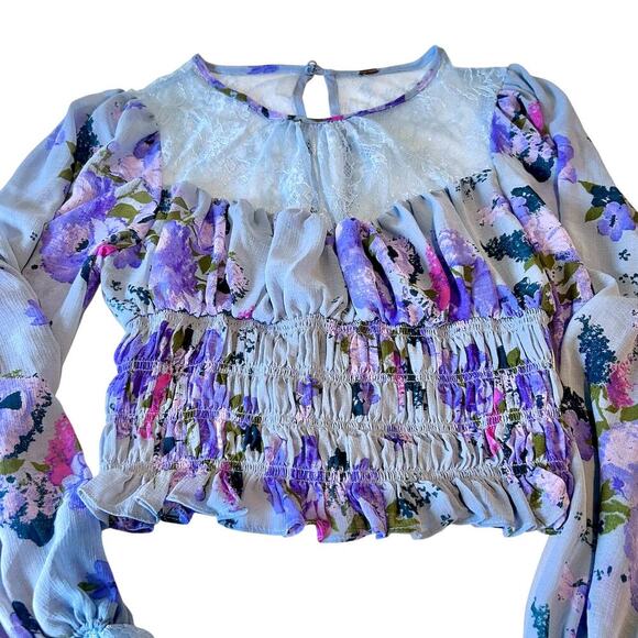 Free People Daphne Blouse In Silver Blue Combo Smocked Top Sz Small $128 - Picture 6 of 10